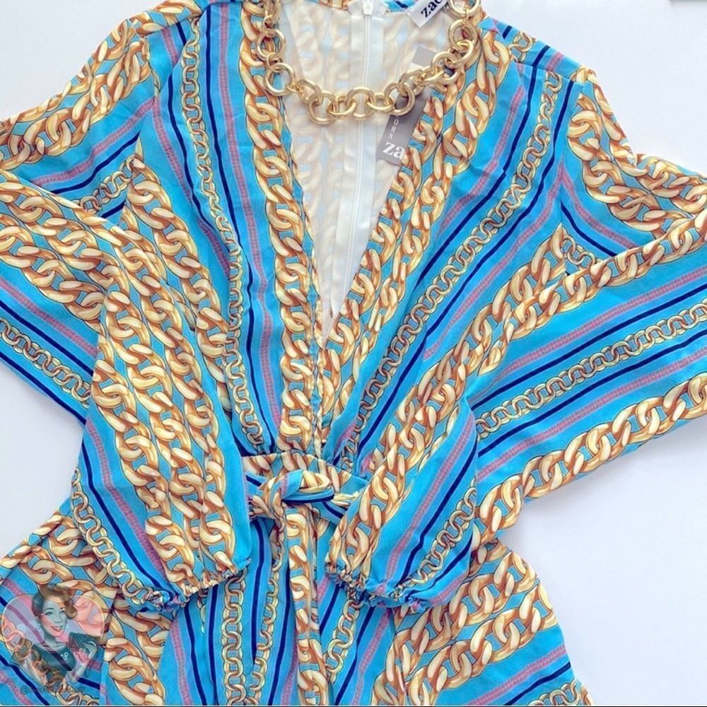 JOHN ZACK Petite Plunge Skater Dress Blue Chain Print